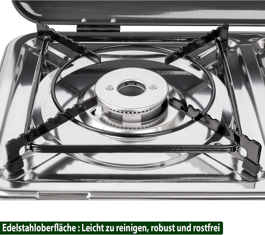 BRUNNER: Hornillo de camping de mesa 2 en 1 de 2 fuegos de acero inoxidable, barbacoa de gas y cocina de gas - POWERKOOK 50mbar con 1 cacerola + 1 plancha - con regulador de gas y manguera de gas