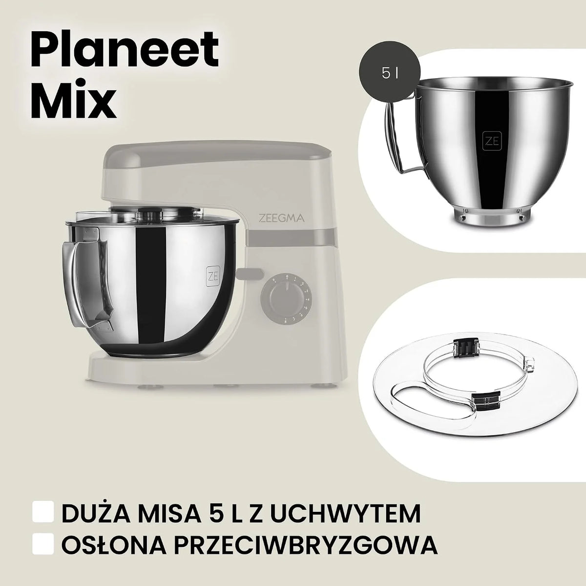 ZEEGMA PLANEET MIX Robot Planetarny 1800 W, Wielofunkcyjny Robot Kuchenny z Misą 5L z Uchwytem i Pokrywką, 8 Prędkości Pracy, 3 Narzędzia Miksujące Panel Dotykowy (Srebrny)