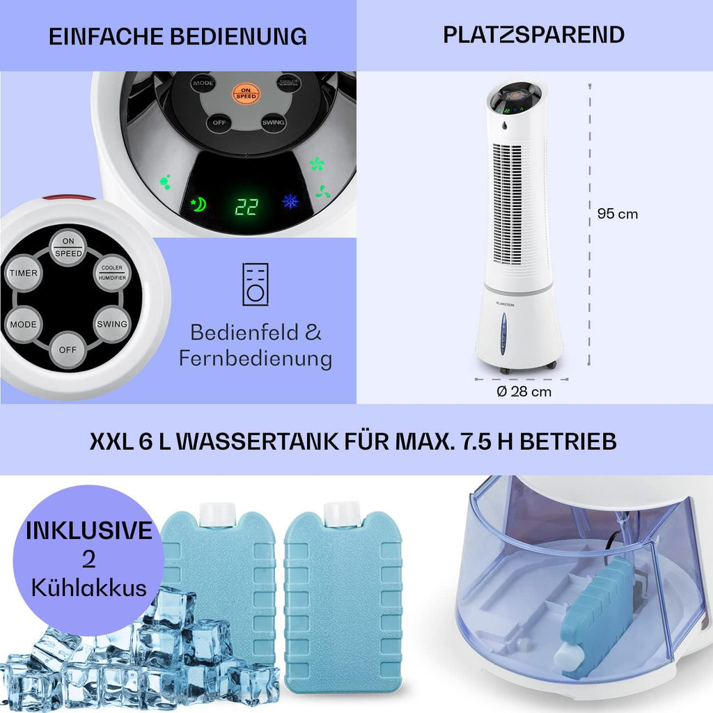 Klarstein 4 en 1: Enfriador de aire inteligente, ventilador, humidificador e ionizador I Depósito de agua de 6 L, oscilación, 30 W, 210 m³/h, temporizador I Aire acondicionado sin tubo de escape, aire acondicionado portátil, negro-oro rosa