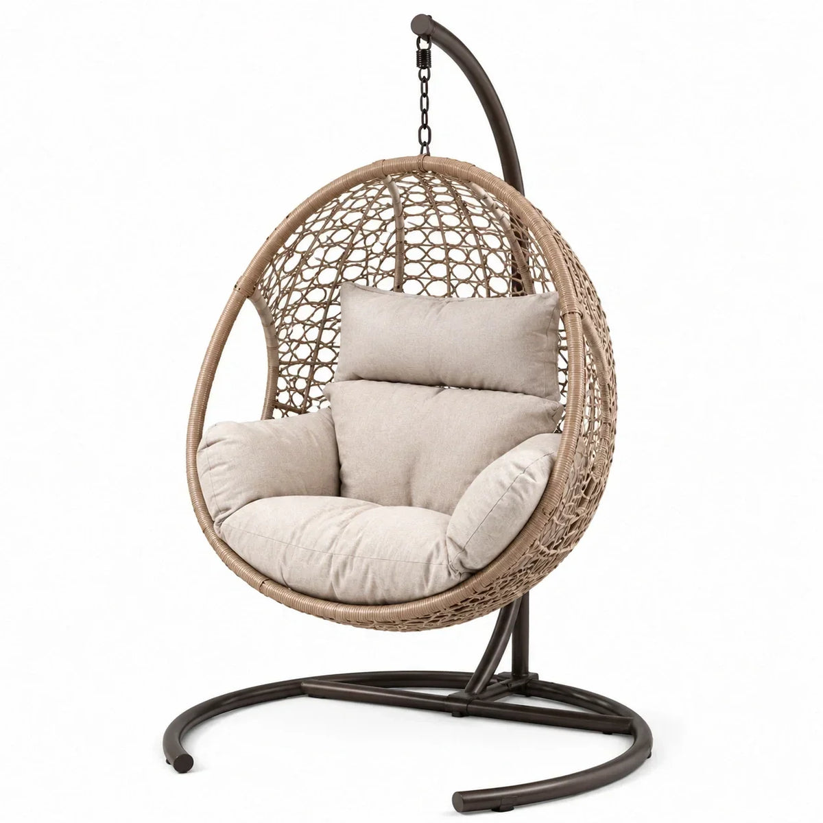 Sillón colgante de ratán con estructura de acero en marrón y beige
