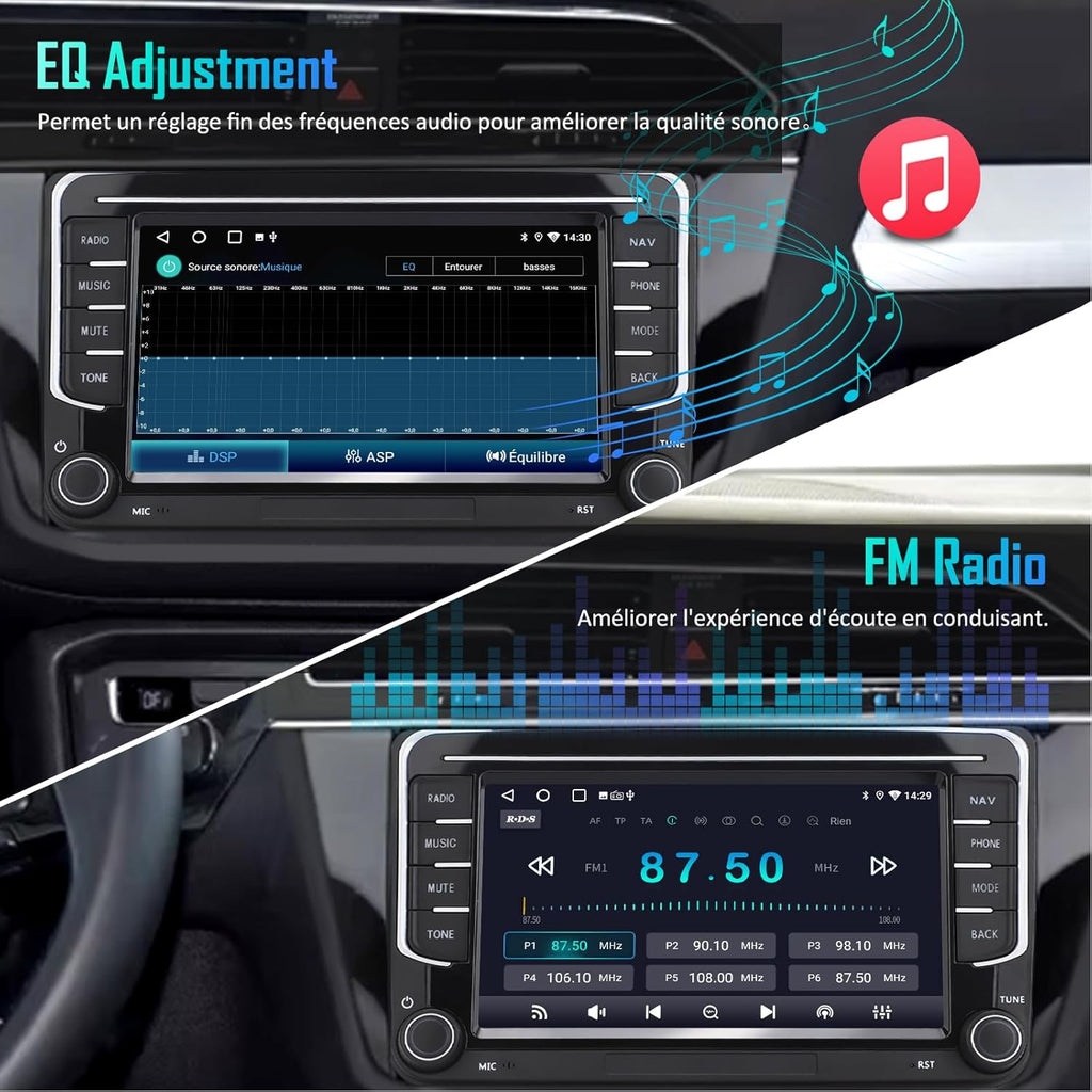 MRSXWPY Autorradio 2 DIN, Radio de coche de 7" para VW Golf, Passat, Seat, Touran, Skoda, CarPlay y Android Auto, Controles en el volante, Pantalla táctil y botones físicos, EQ, FM, Navegación GPS, MirrorLink