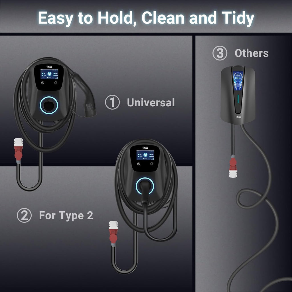 Cargador de vehículo eléctrico inteligente Tera Wallbox Tipo 2 con APP 11kW 16A 400V CE&TÜV, WiFi y Bluetooth, cable de carga de 7m con soporte, Wallbox para el hogar, enchufe CEE trifásico para EV y PHEV W01 Negro