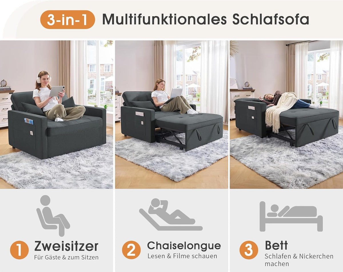 Sofá cama LUXOAK 186 x 122 cm con respaldo ajustable en 5 niveles, sofá cama 3 en 1 con cojines y bolsillo lateral, sofá de lino gris para habitación de invitados y espacios pequeños