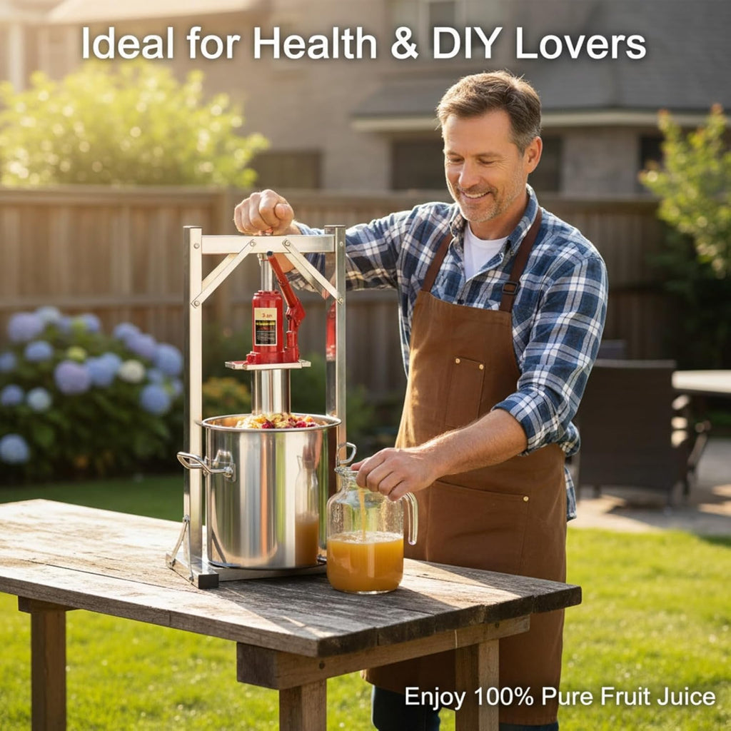 Prensa hidráulica para frutas de 12 L, prensa de acero inoxidable 304 con gato hidráulico de 3 T, exprimidor manual, cubo de filtro interior, prensa para vino, prensa para sidra, ideal para vino, mosto y zumos de frutas
