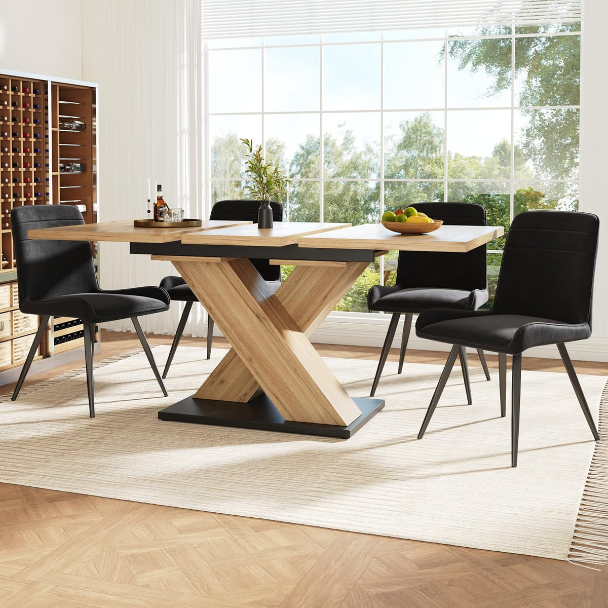 Mesa de comedor extensible con patas en forma de X para 4-6 personas, mesa de cocina y comedor con tablero de madera veteada, mesa de comedor extensible, 119-158.8x80x75 cm, color madera