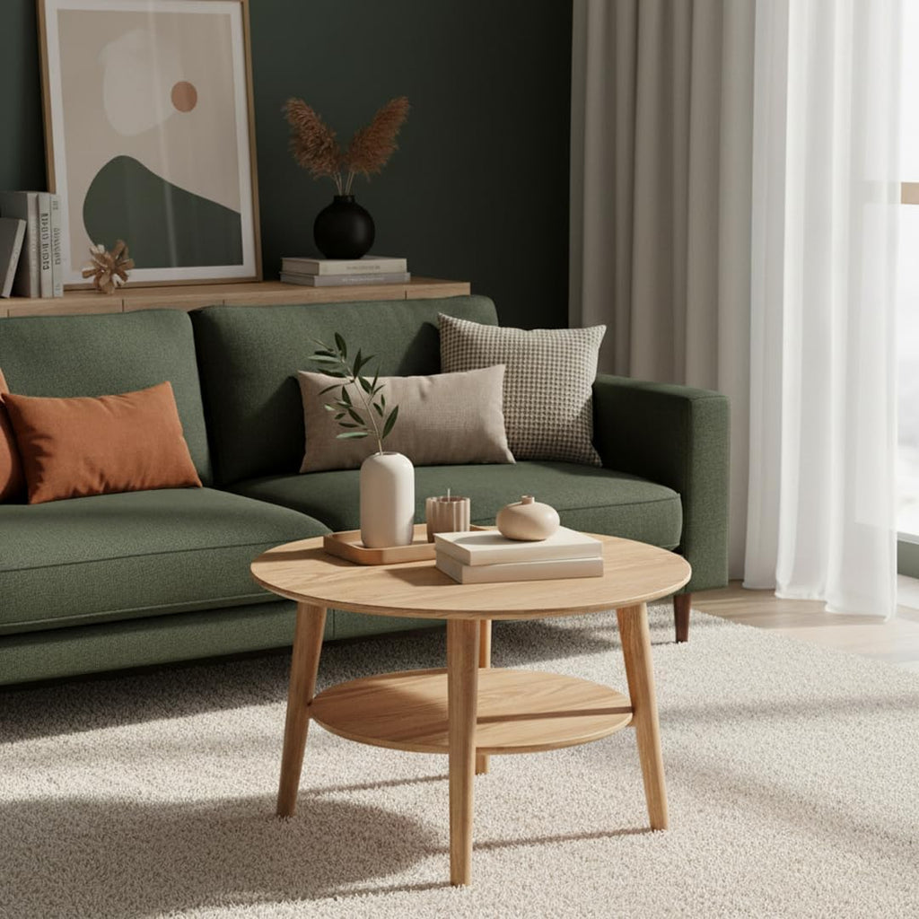Mesa de centro redonda skølm Mjölnir Ø70 cm – Mesa de salón de madera maciza de roble – Mesa de sofá con 2 estantes – Mesa auxiliar pequeña con acabado de aceite natural – Mesa de madera para salón con espacio de almacenamiento – Coffee Table