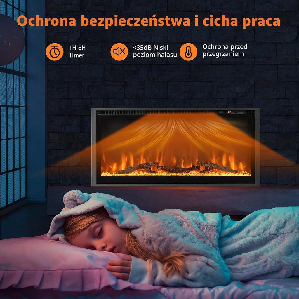 GOPLUS 91 cm kominek elektryczny, elektryczny kominek ścienny z pilotem i ekranem dotykowym, kominek ścienny z 9 kolorami efektów płomieni i 5 ustawialnymi poziomami jasności, 750 W/1500 W funkcja
