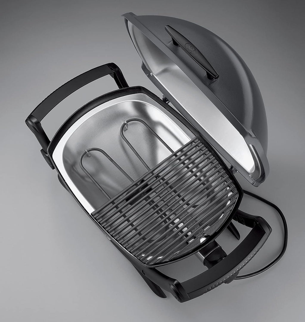 Barbacoa eléctrica Weber Q2400 con soporte y mesas laterales, superficie de cocción de 54 x 39 cm, portátil, parrilla de cocción de hierro fundido vitrificado dividida en 2 partes, tapa y cuerpo de aluminio fundido - Gris oscuro (55020879)
