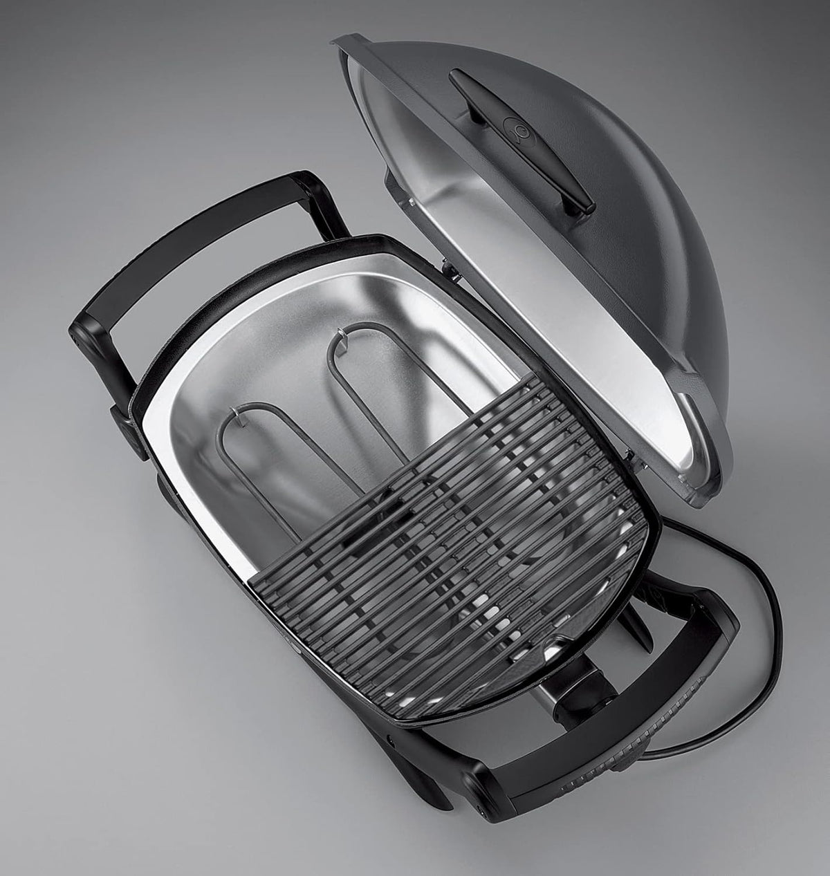 Barbacoa eléctrica Weber Q2400 con soporte y mesas laterales, superficie de cocción de 54 x 39 cm, portátil, parrilla de cocción de hierro fundido vitrificado dividida en 2 partes, tapa y cuerpo de aluminio fundido - Gris oscuro (55020879)