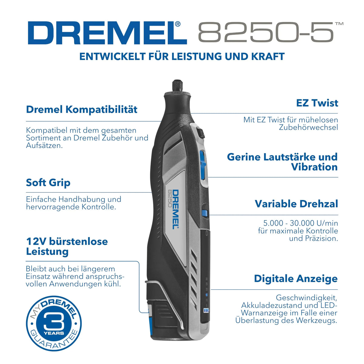 Herramienta rotativa inalámbrica DREMEL 8250 de 12V sin escobillas, 5.000 a 30.000 rpm, 65 accesorios, 2 baterías y cargador