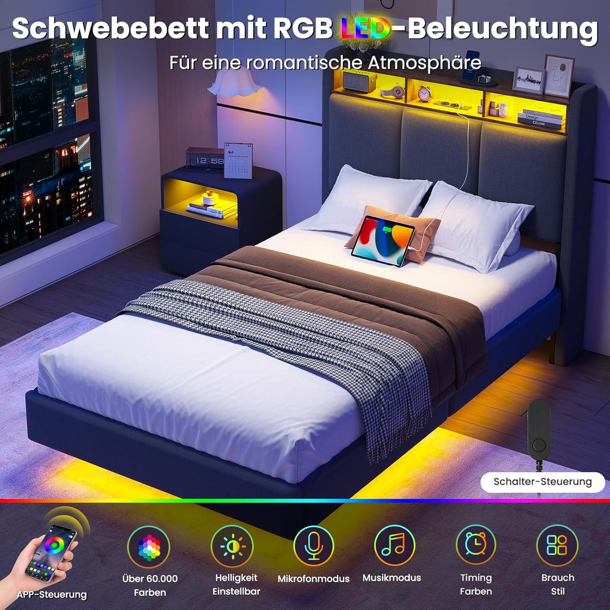 Cama tapizada Brinlawb 90x200 cm, cama flotante con iluminación LED y estación de carga (2 tomas de CA, 1 puerto USB-A, 1 puerto USB-C), cama juvenil 90x200 con cabecero acolchado, cama 90x200 con espacio de almacenamiento, gris