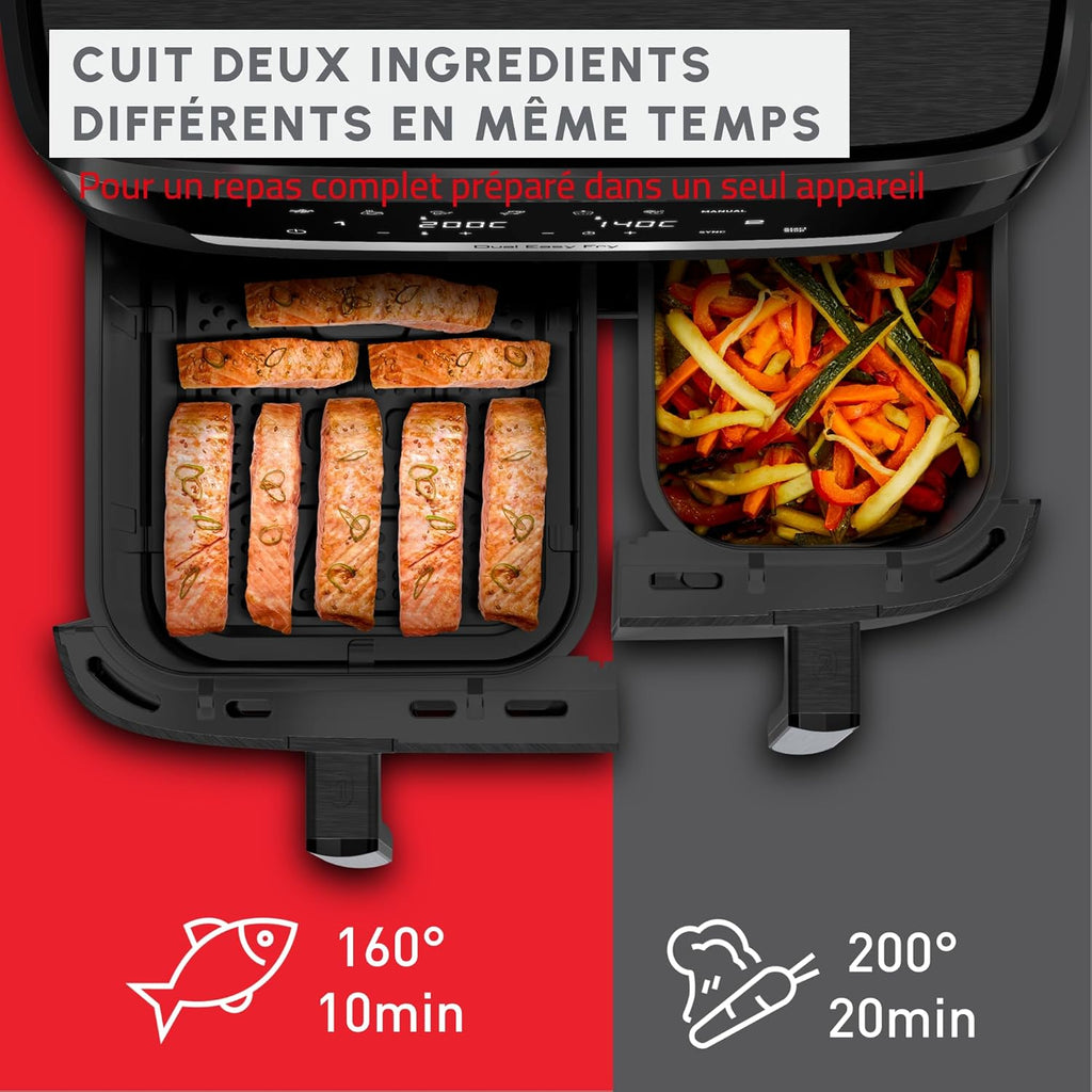 Freidora de aire Moulinex Dual XXL 11L, 8 personas o más, cesta grande hasta 3 kg, 7 programas predefinidos, Dual Easy Fry XXL, EZ9428F0, negro