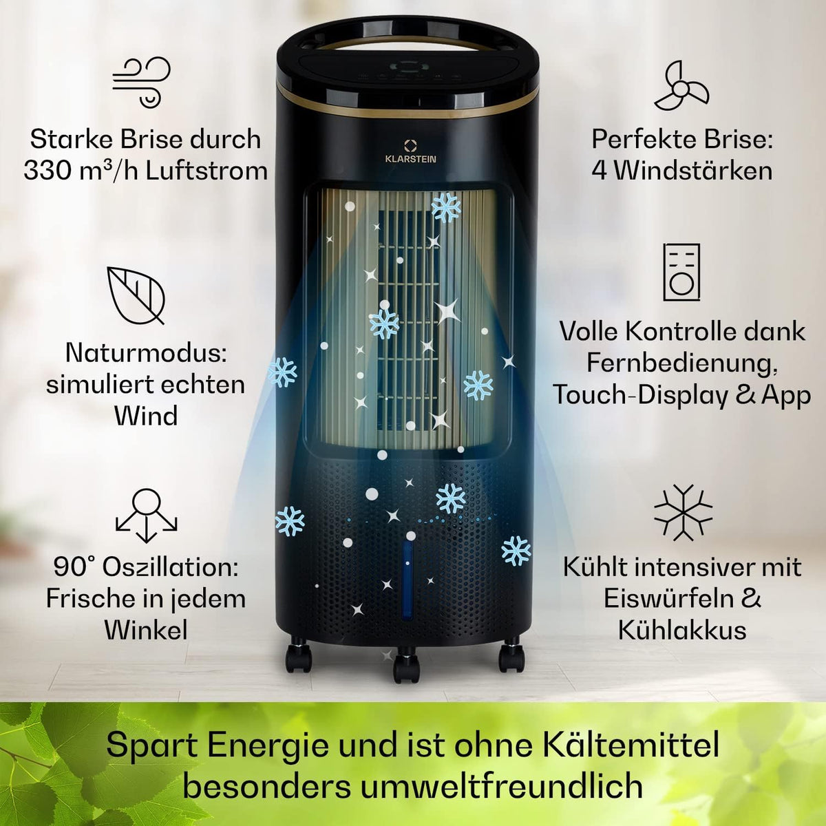 Enfriador de aire Klarstein con refrigeración por agua, enfriador evaporativo 4 en 1 silencioso, humidificador, ventilador y modo nocturno, aire acondicionado portátil de 7 L, enfriador de aire de 65 W, flujo de aire refrigerante de 330 m³/h