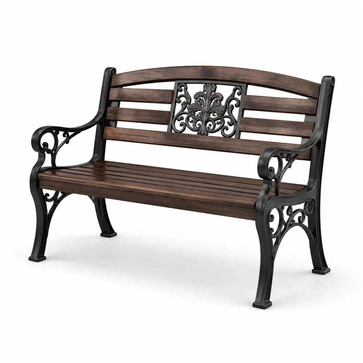 Banco de jardín de madera y hierro fundido, 124 cm, marrón y negro