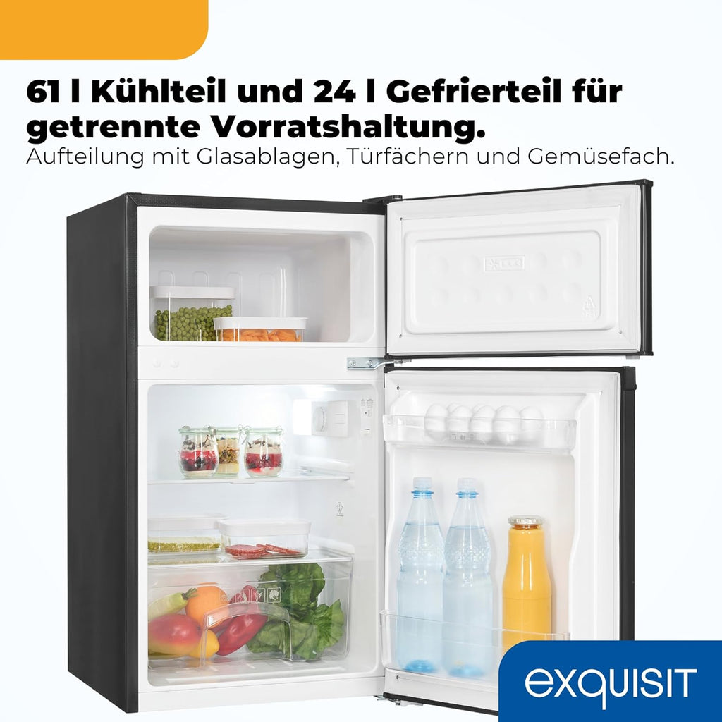 Frigorífico combi Exquisit | 85 l de capacidad útil, clase energética E, 40 dB(A) | diseño compacto, congelador de 4 estrellas, iluminación LED, control electrónico de temperatura | KGC590-30-E-040E negro