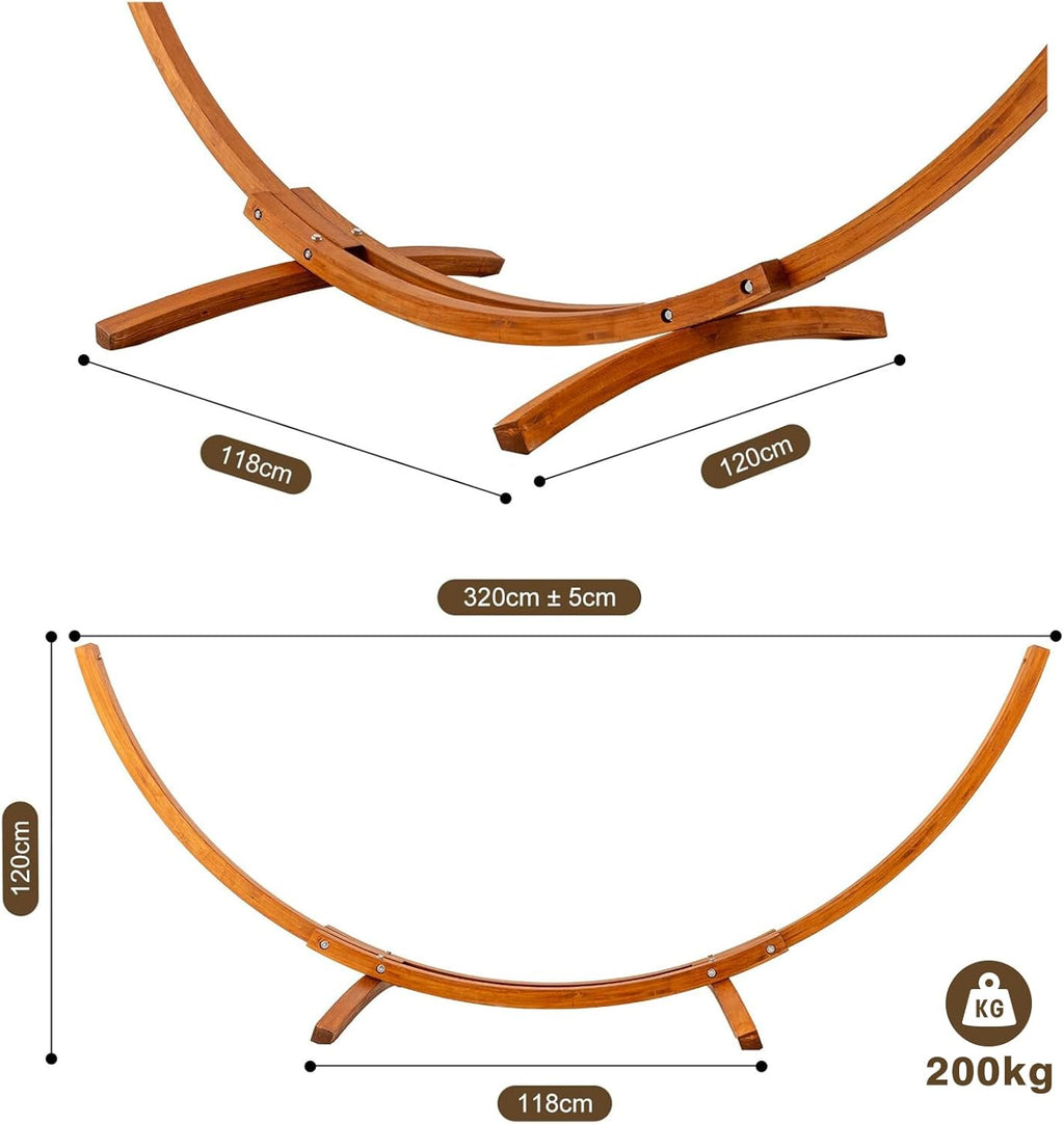 Hamaca con soporte, incluye 2 hamacas, capacidad de carga de 200 kg, dimensiones: 320x120x120 cm, estructura arqueada estable de madera de pino macizo, para jardín, terraza y balcón
