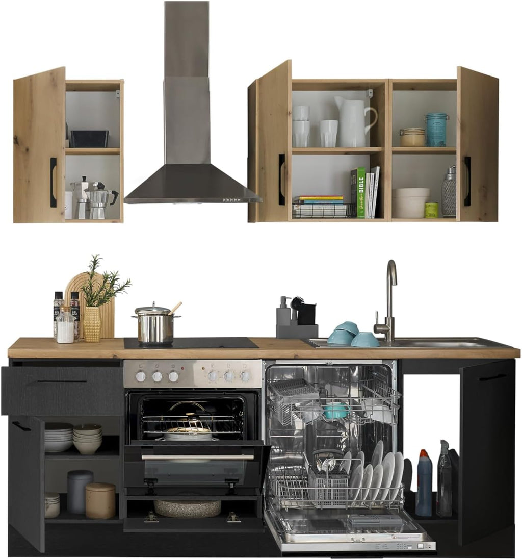 Stella Trading Turin Z Cocina compacta 220 x 211 x 60 cm, negro - Sin electrodomésticos - Cocina moderna y espaciosa en aspecto de roble Artisan con mucho espacio de almacenamiento