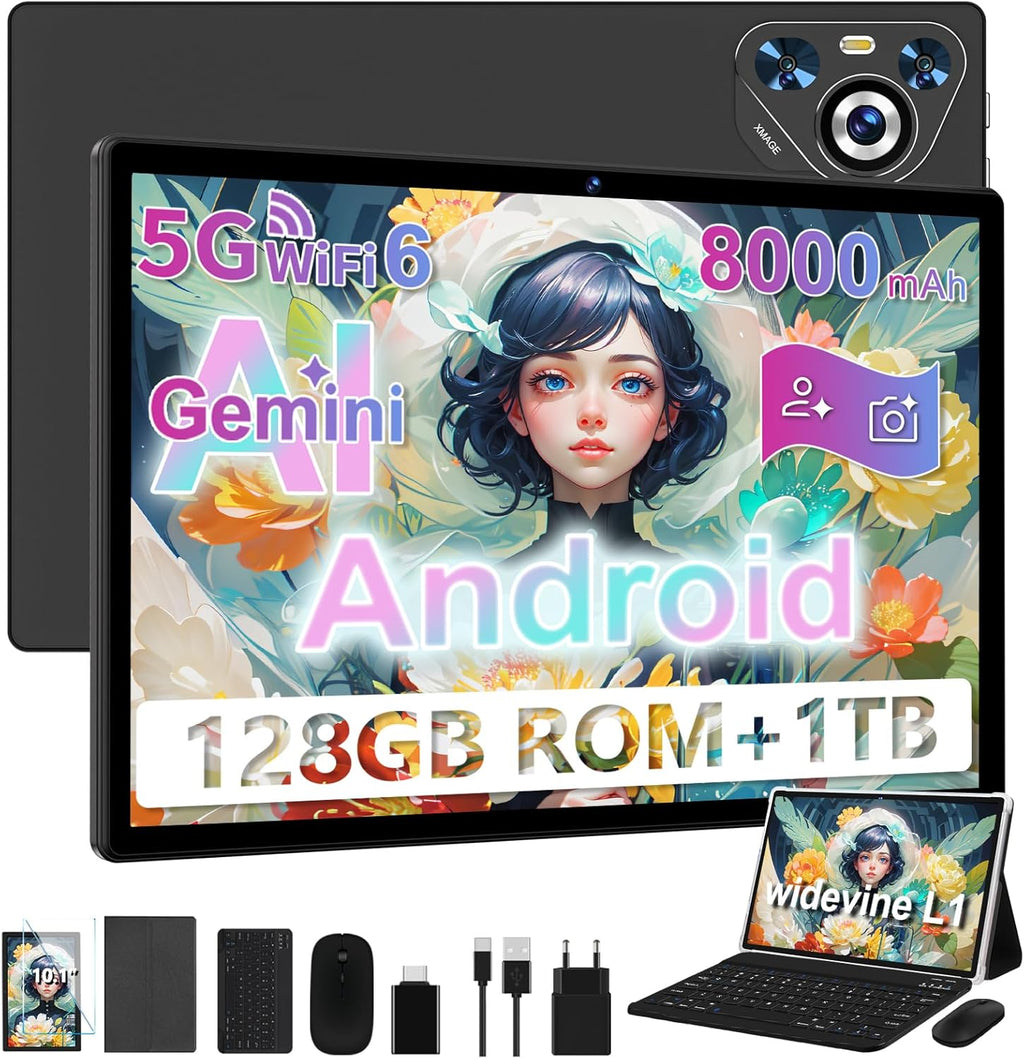 Tableta Android 2025, 22(6+16) GB RAM+128GB ROM/TF 2TB, 8 núcleos, 8000mAh, GPS, Face ID, Widevine L1, BT5.0, 8MP+5MP, WLAN 6, control parental, tableta con ratón-Negro