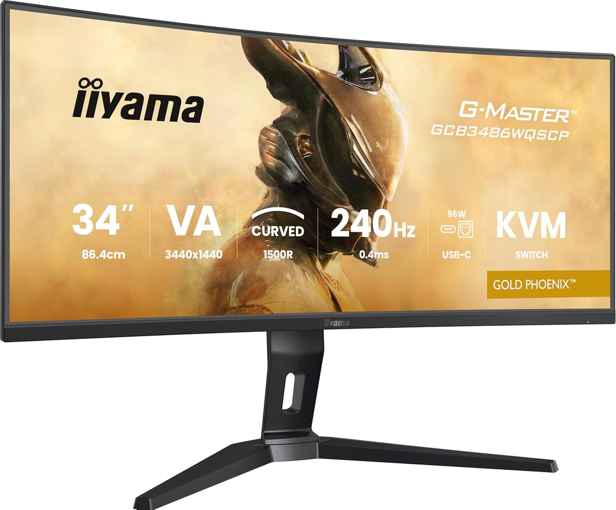 iiyama G-Master Gold Phoenix, VA curvo 1500R, 3440x1440 a 240Hz, 0,4ms, Adaptive Sync, 500cd, altavoces, DP/HDMI 2.1 VRR 2K120FPS, concentrador USB, base USB-C (95W), soporte ajustable, KVM, PC y consola de próxima generación
