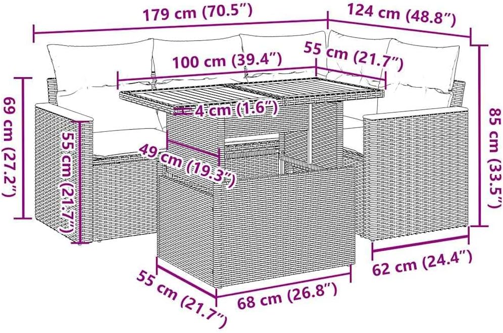 vidaXL Set de sofás de jardín de 5 piezas con cojines gris de poliratán y acacia, conjunto de sofás de exterior, set de sofás de jardín, set de salón, conjunto de sofás para terraza
