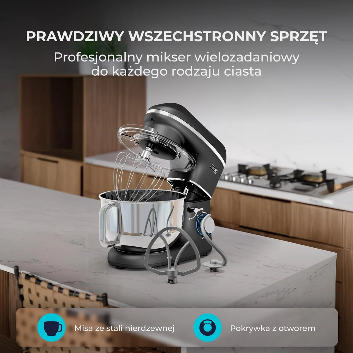 Robot kuchenny - 2000 W - miska do mieszania ze stali nierdzewnej (6,2 l) - mikser kuchenny z mieszania, hakiem do zagniatania, trzepaczką i ochroną przed pryskaniem - w zestawie