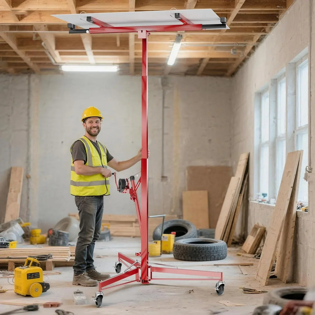 Elevador de placas XXL 50790 para paneles de yeso, capacidad de carga 68 kg, altura 140–350 cm, ancho 2,90 m, 3 ruedas con freno de bloqueo, rojo