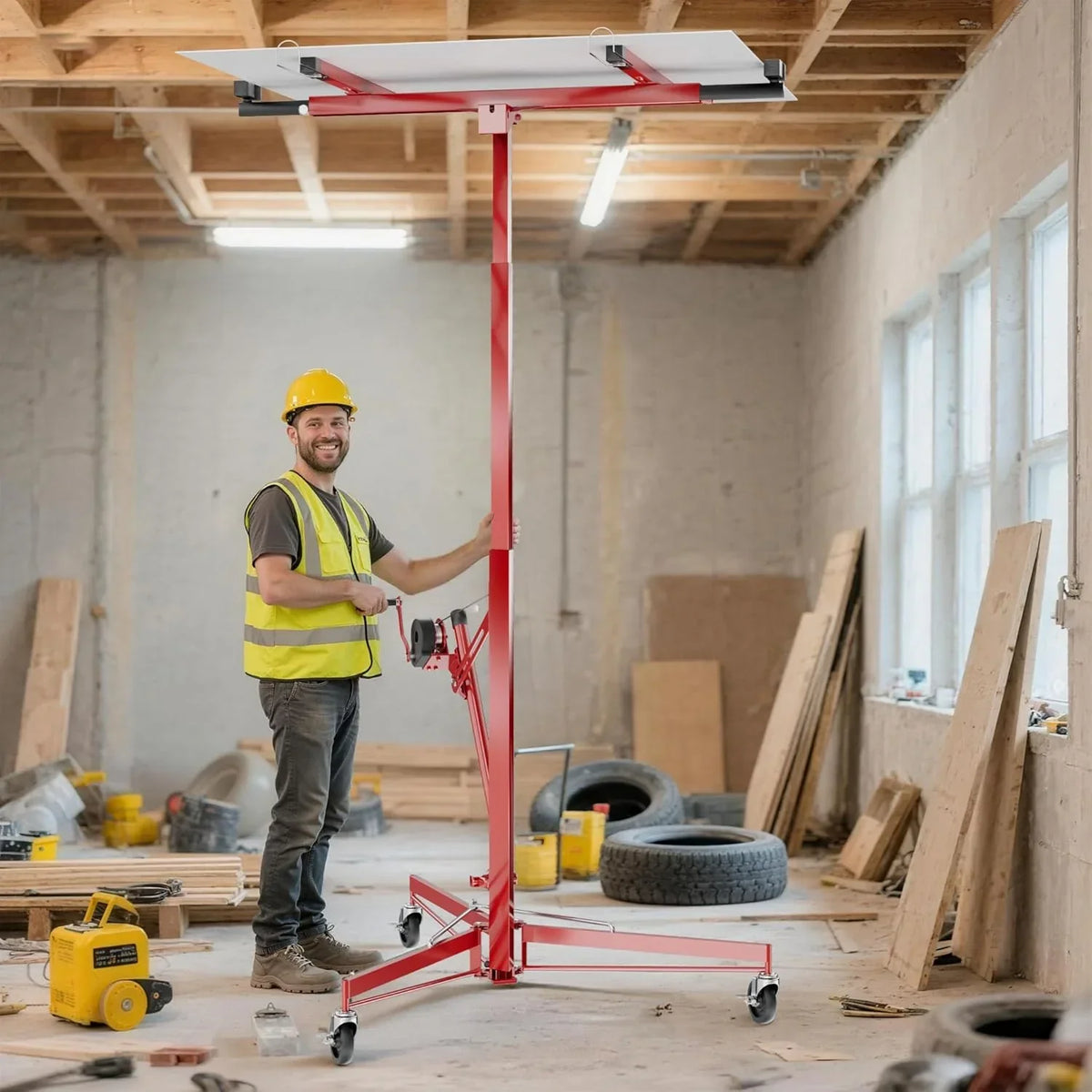 Elevador de placas XXL 50790 para paneles de yeso, capacidad de carga 68 kg, altura 140–350 cm, ancho 2,90 m, 3 ruedas con freno de bloqueo, rojo