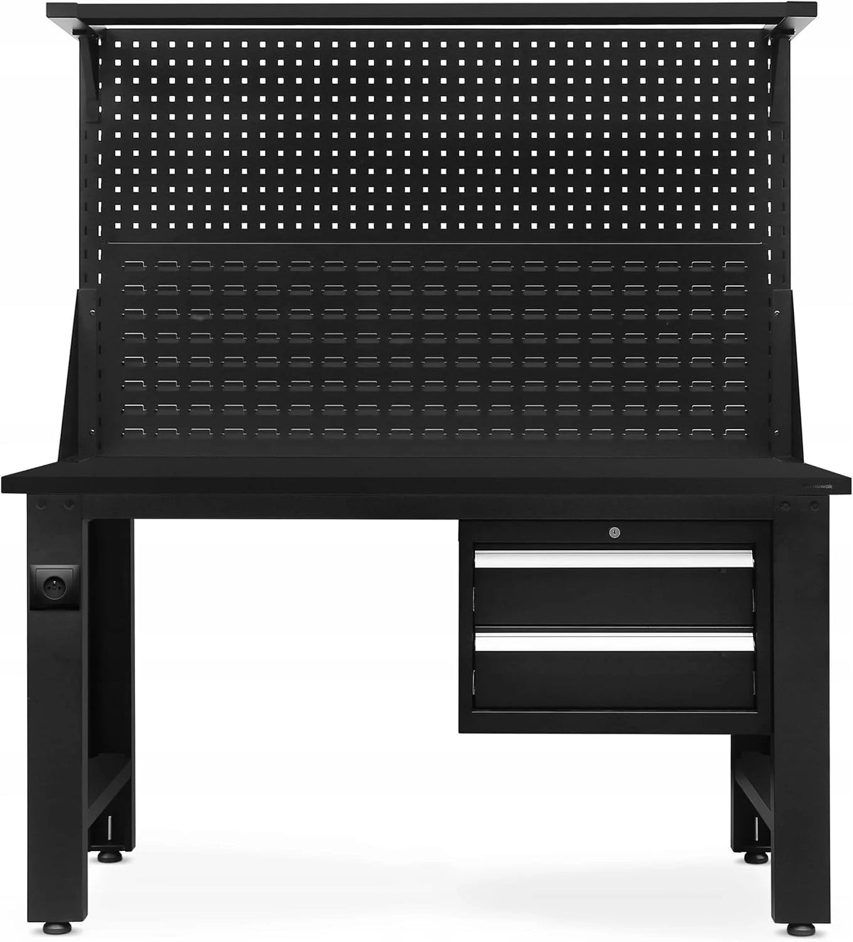 Jan Nowak Stół Warsztatowy Narzędziowy Metalowy z Tablicą Perforowaną na Narzędzia LOGAN | Solidny Blat 2 Szuflady Regulowane Nogi Stelaż na Lampę | 170 cm x 150 cm x 75 cm (Czarno-Czarny)