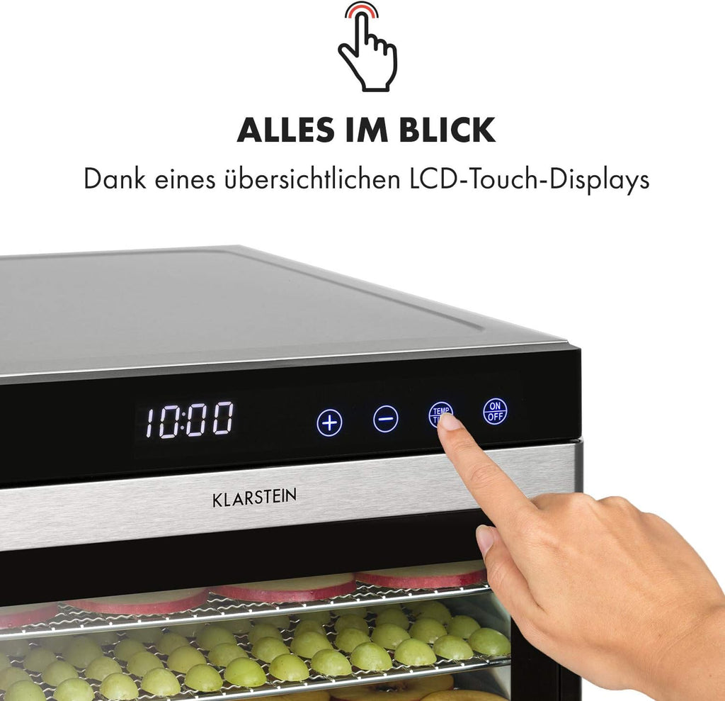 Deshidratador de alimentos Klarstein Flavour Dry con carcasa de acero inoxidable, 6 bandejas, pantalla táctil LCD, temporizador, circulación de aire de 360°, termostato digital, 35-75 °C