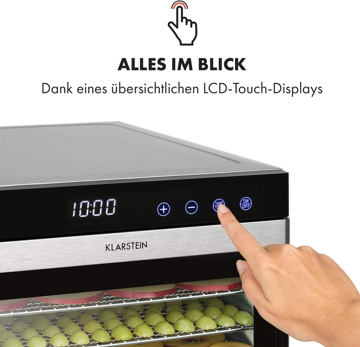 Deshidratador de alimentos Klarstein Flavour Dry con carcasa de acero inoxidable, 6 bandejas, pantalla táctil LCD, temporizador, circulación de aire de 360°, termostato digital, 35-75 °C