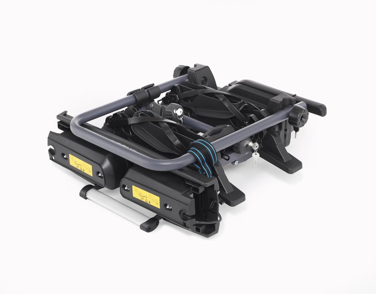 Portabicicletas de enganche Fischer ProlineEvo 2, para 2 bicicletas hasta 60 kg de carga útil, apto para bicicletas eléctricas, premontado, bloqueable, plegable