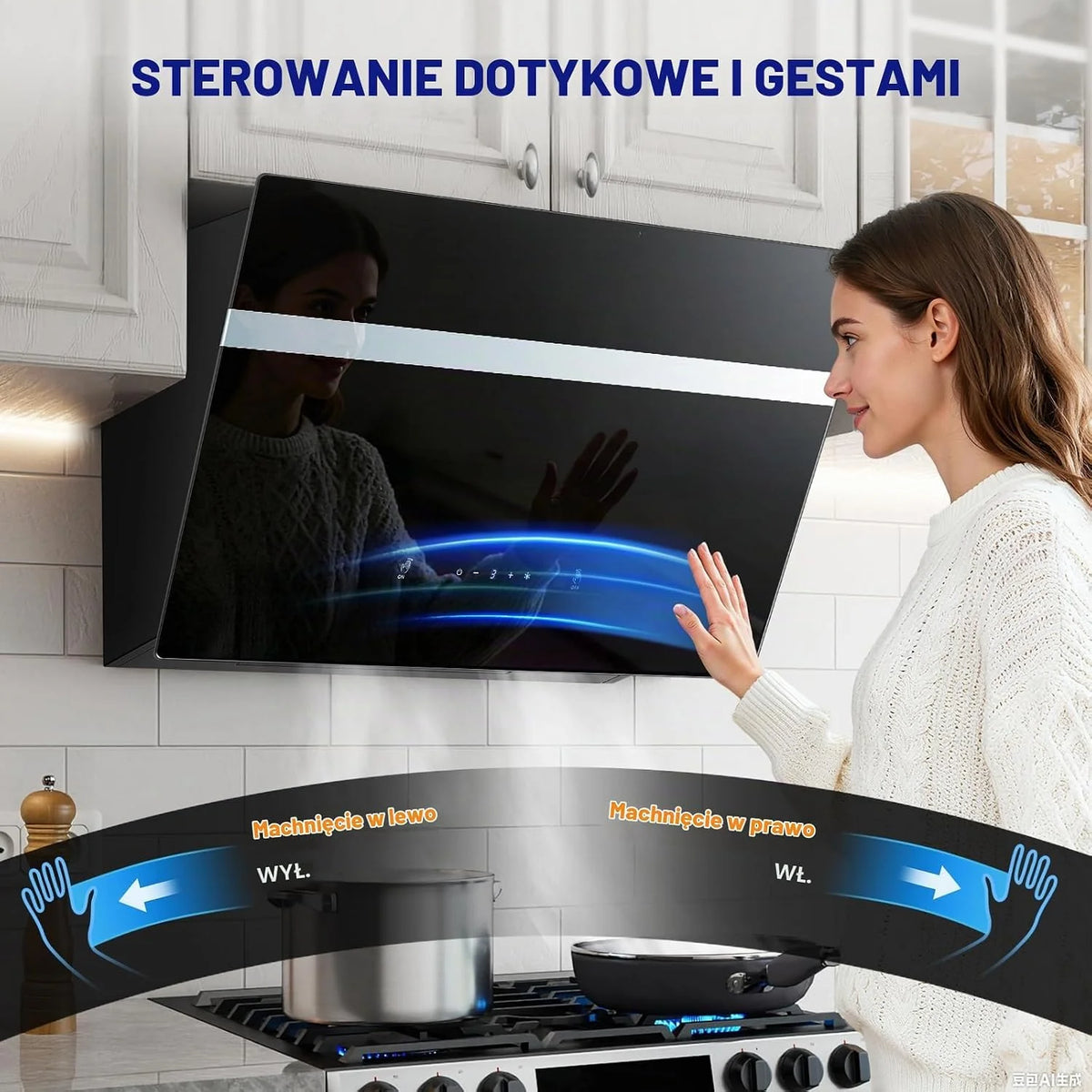 TopStrong Okap kuchenny 60 cm, 800 m³/h, obieg powietrza wylotowego z filtrem z węglem aktywnym, A+++, cichy okap z oświetleniem LED, okapy ścienne, 3 stopnie + ekran dotykowy Booster, silnik