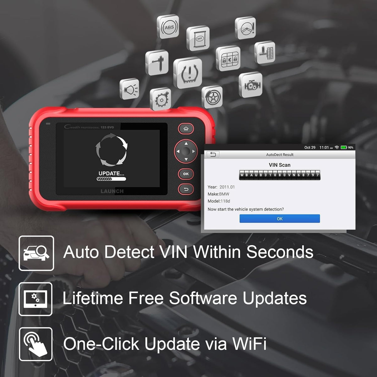Launch Europe CRP 123 Evo OBD2 Dispositivo de diagnóstico automotriz, probador de aceite de motor, ABS, SRS, escáner de transmisión automática, actualización WiFi, pantalla táctil Android