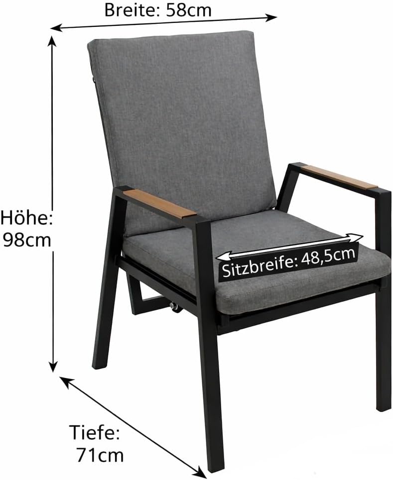 Sillón de jardín DEGAMO Bilbao con respaldo alto, aluminio resistente a la intemperie color antracita, reposabrazos con efecto madera, reclinable sin niveles, cojines grises, resistente a la intemperie, exterior