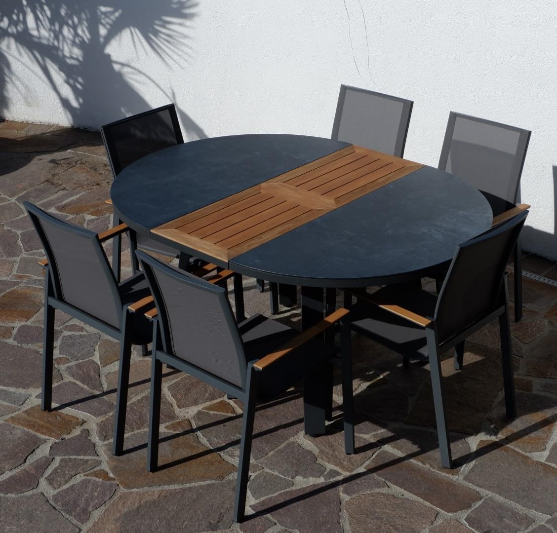 ALEOS. Conjunto de jardín, set de aluminio y teca con mesa redonda extensible de 120 cm a 160 cm + 6 sillas apilables, color antracita Trinidad