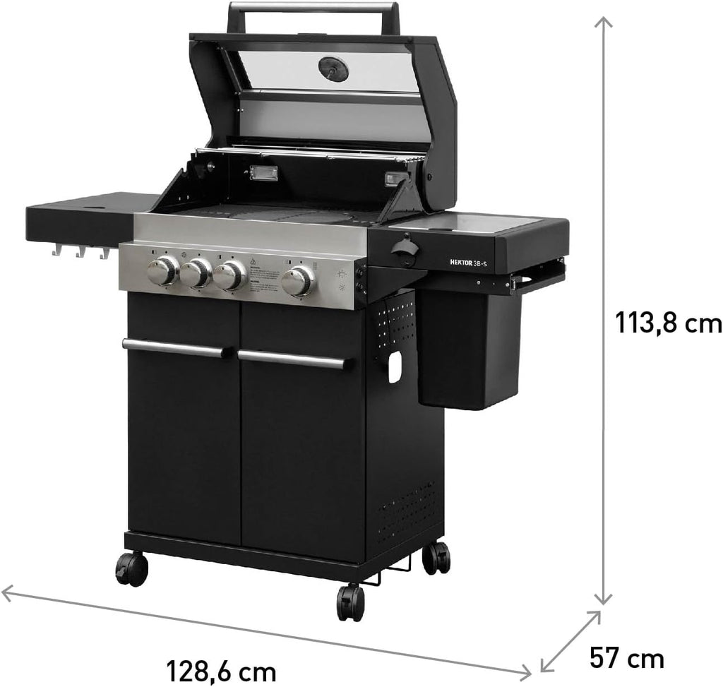 Barbacoa de gas Hektor 3B-S incl. asador giratorio y funda protectora con 3 quemadores, quemador Sear, parrilla de hierro fundido, hornillo lateral, ventana de visualización y termómetro para jardín y terraza