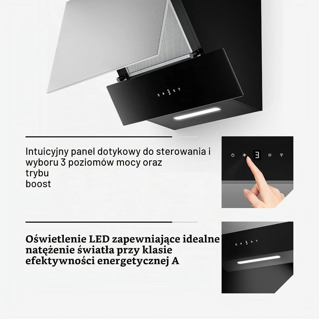 Klarstein Okap kuchenny, Verosteel 60 cm – Okap przyścienny skośny, 624 m³/h, energooszczędny A++, dotykowy, LED, cichy, ze stali nierdzewnej i szkła, filtr przystosowany do mycia w zmywarce