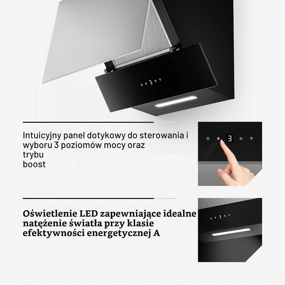 Klarstein Okap kuchenny, Verosteel 60 cm – Okap przyścienny skośny, 624 m³/h, energooszczędny A++, dotykowy, LED, cichy, ze stali nierdzewnej i szkła, filtr przystosowany do mycia w zmywarce