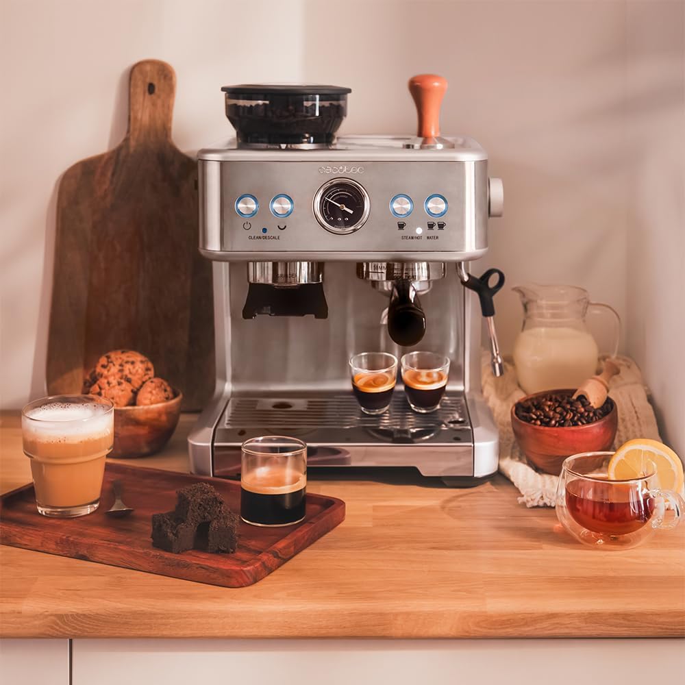 Cafetera express Cecotec Barista Power Espresso 20 Barista. 2250 W, 20 bares, manómetro y 2 thermoblocks, depósito de café en grano, molinillo con 20 niveles, vaporizador