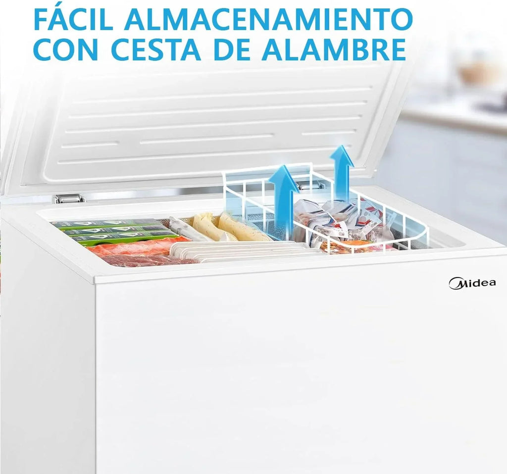 Arcón Congelador Horizontal Pequeño MIDEA de 99L, Motor Inverter, Control Electrónico de Temperatura, Tecnología D-TYPE Tube, Cestas con Asa, Easy Move, Silencioso 39dBA, Bajo Consumo, Blanco