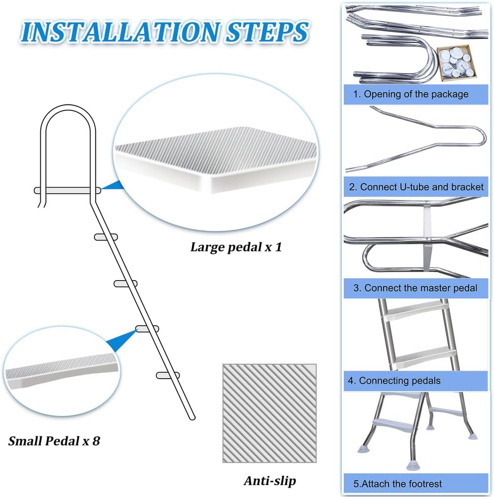 Escalera de piscina de acero inoxidable de 4 peldaños, escalera para piscina elevada, escalera de 132 cm de altura, peldaños de piscina para piscinas elevadas, escalera de piscina con capacidad de carga de 250 kg
