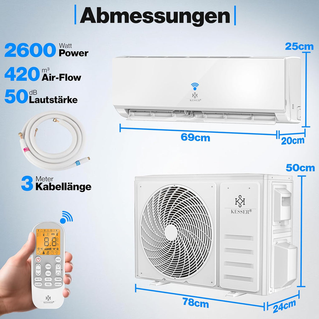 KESSER® Set de aire acondicionado Split - con función WiFi/App - Refrigeración A++/ Calefacción A+ - 9000 BTU/h (2600 vatios) Refrigerante R32 - Mando a distancia, función de temporizador - Incluye material de montaje completo