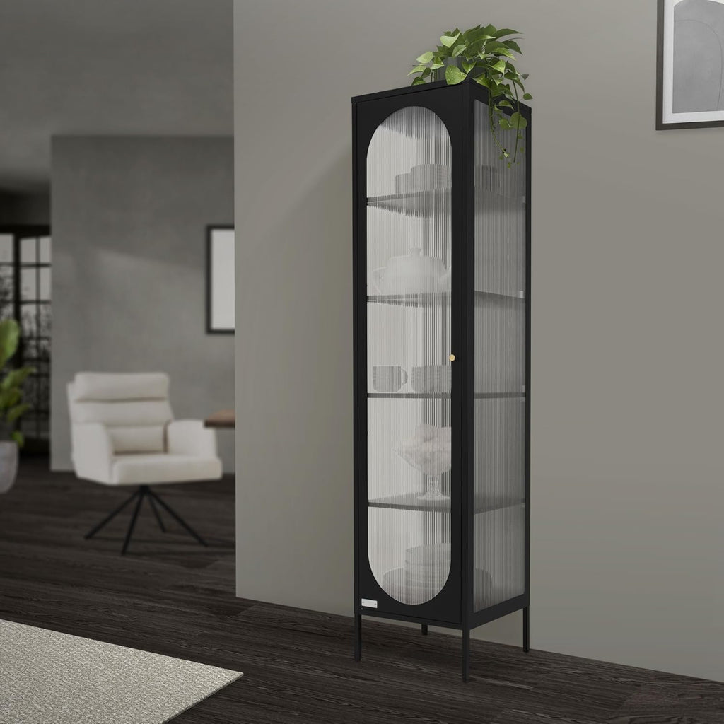 Vitrina ML-Design 42x175x40 cm, negra, vitrina estrecha con 5 estantes y 1 puerta, armario de metal y acero para salón, estilo industrial, armario alto, estantería para libros, archivador, armario de oficina