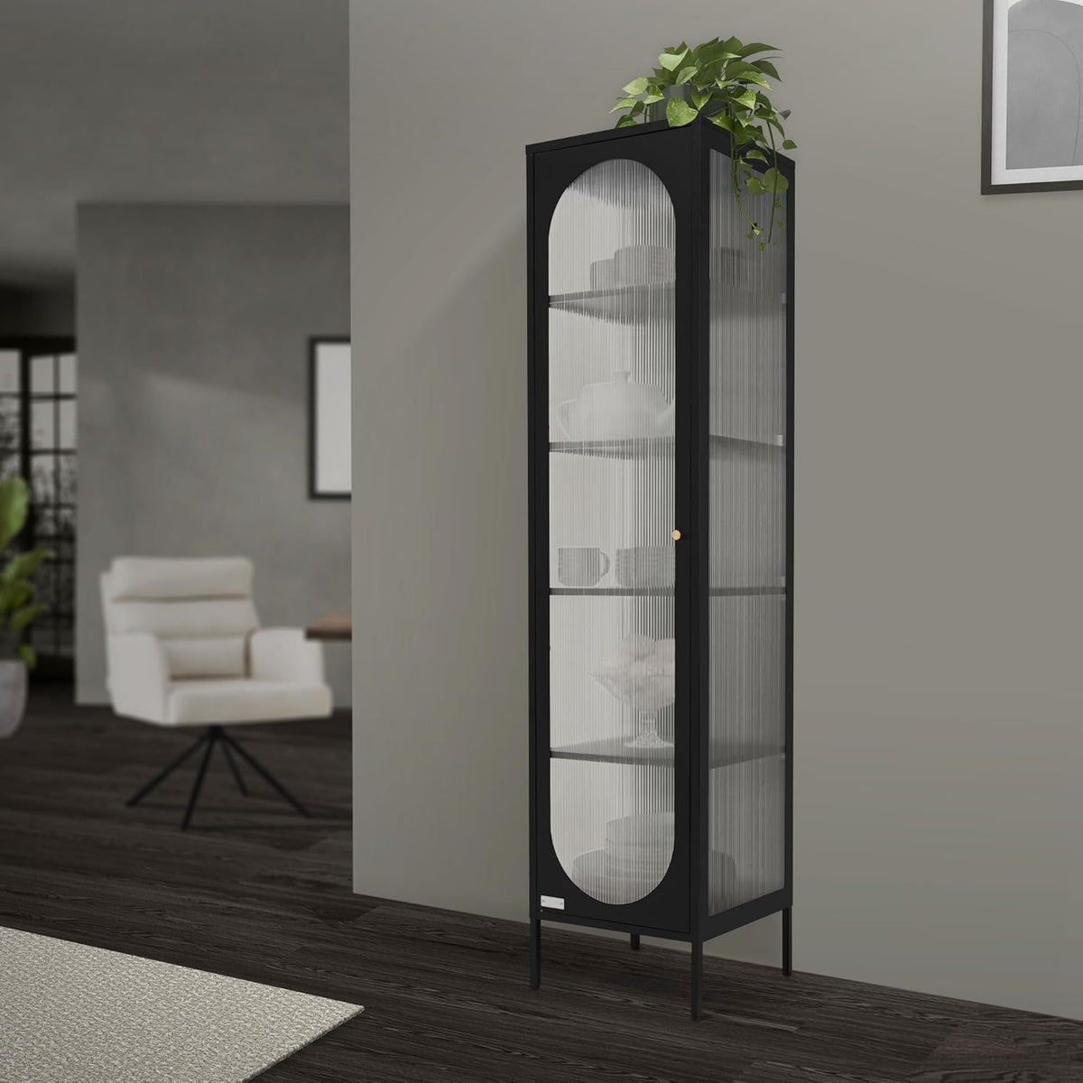 Vitrina ML-Design 42x175x40 cm, negra, vitrina estrecha con 5 estantes y 1 puerta, armario de metal y acero para salón, estilo industrial, armario alto, estantería para libros, archivador, armario de oficina