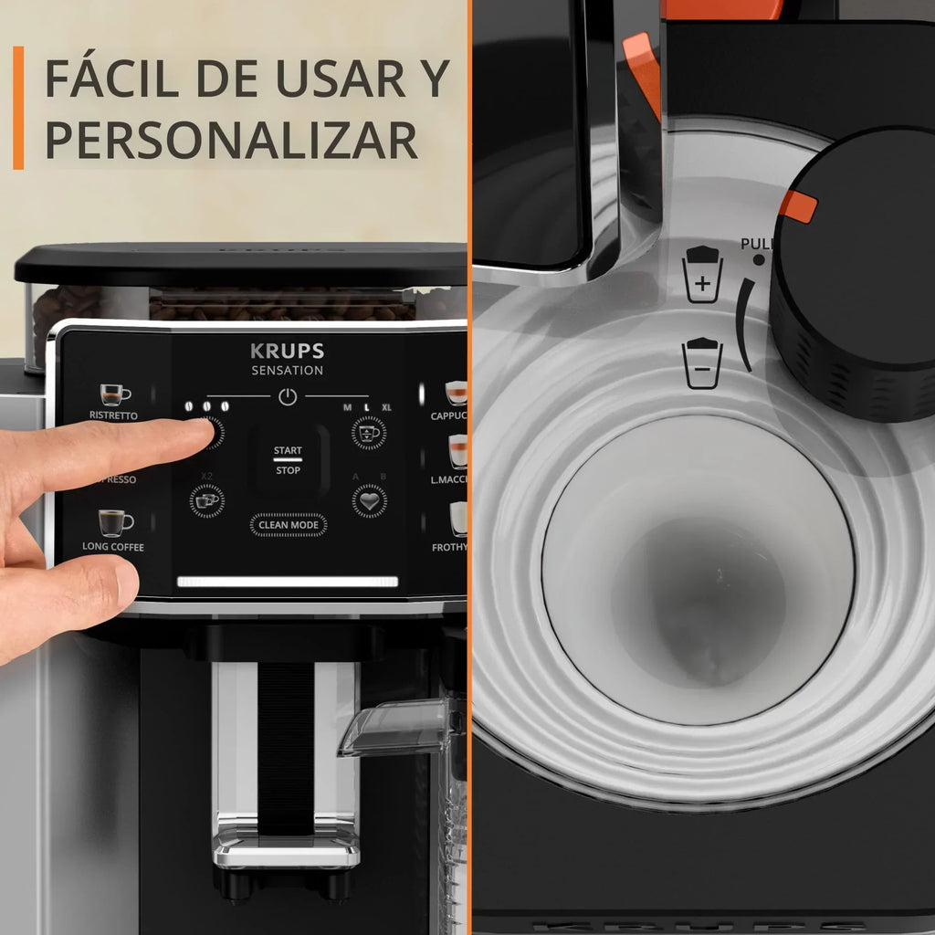 2025 Krups Essential - Cafetera superautomática, 15 bares de presión, molinillo cónico de metal, con selección de cantidad e intensidad de café, 1,7 l, 1 taza, acero, pantalla LCD + accesorios para leche