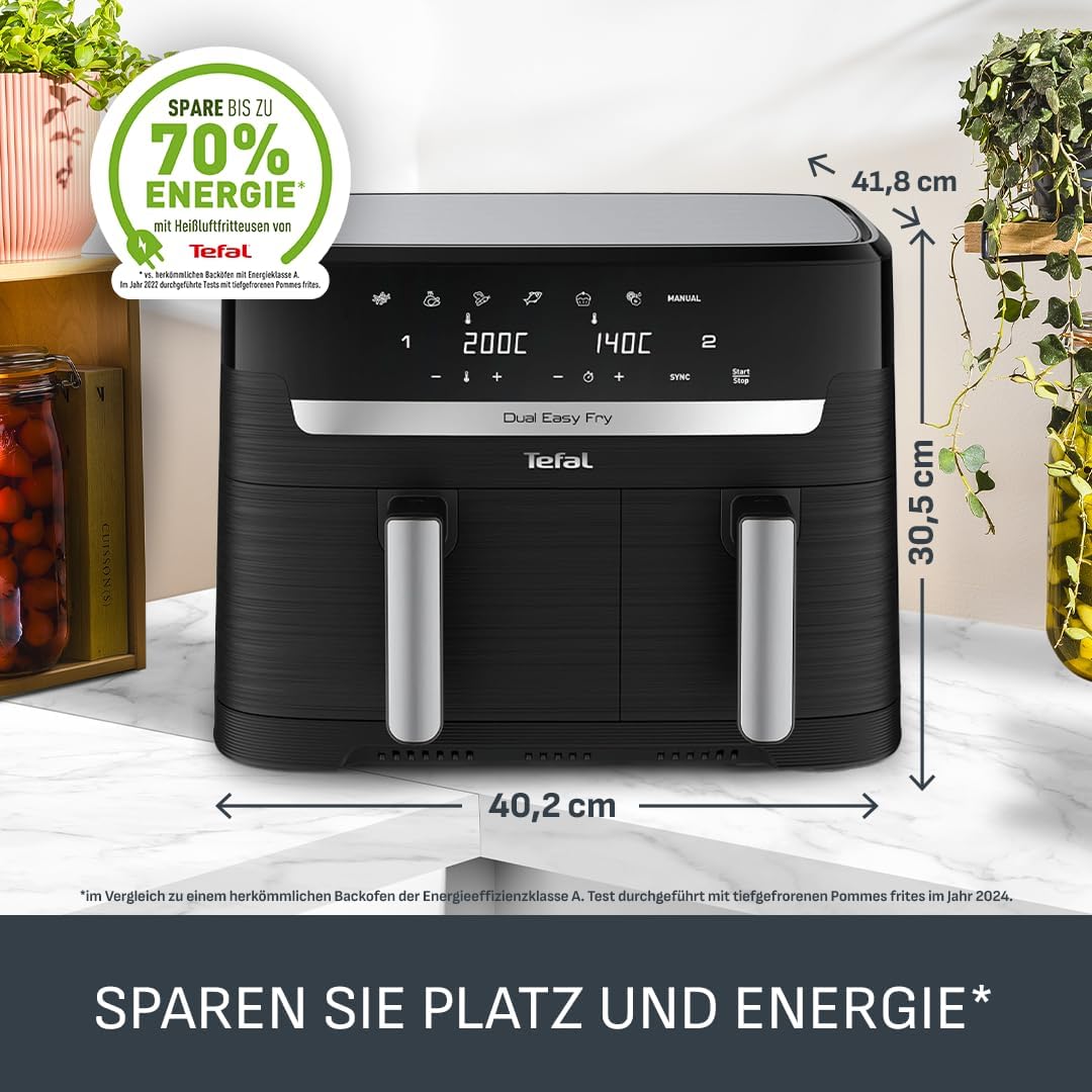 Freidora de aire Tefal Dual Easy Fry de 8,3 l: freidora de aire con 2 compartimentos y cajón XL, 7 programas, 2700 W, tecnología Extra-Crisp, fritura baja en grasa y ahorro de energía, apta para lavavajillas EY9018