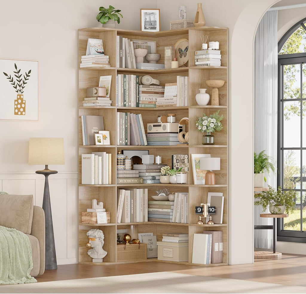 Estantería esquinera de pie FirFurd de 185 cm, librería rinconera con 6 niveles, armario esquinero en forma de L, vitrina de esquina para despacho, salón o cocina, 80 x 84 x 185 cm, roble