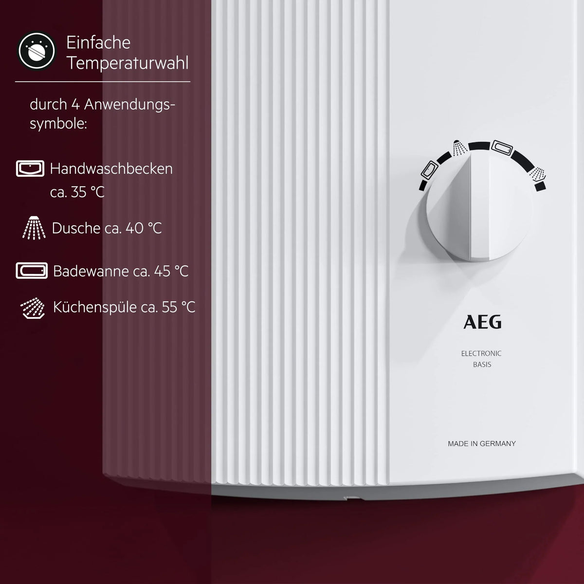 Calentador de paso AEG DDLE Basis 18/21/24 kW conmutable, selección de temperatura continua, 400V VDE, clase de eficiencia energética A, 222390