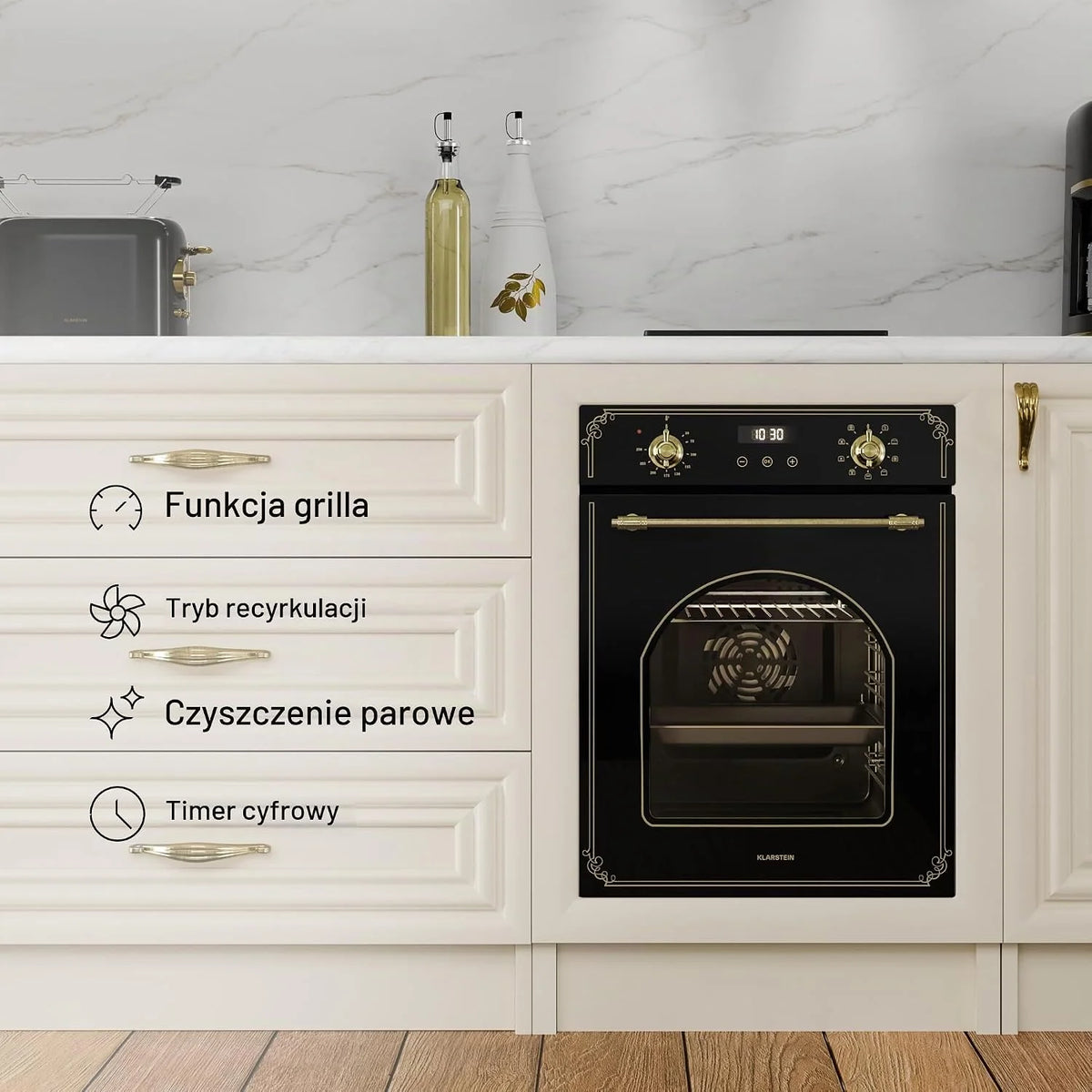Klarstein Elizabeth Slim Piekarnik Elektryczny Wbudowany – 45 cm, 49 L, 9 Funkcji, Czyszczenie Parą, Cyfrowy Timer, Grill Wentylowany, Czarne Szkło, Klasa Energetyczna A