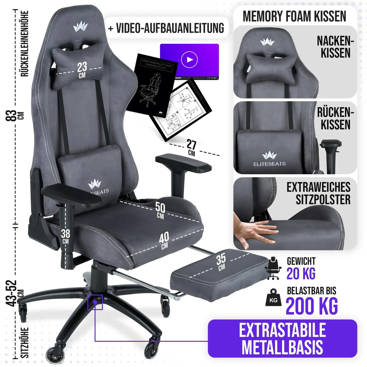 Silla gaming ergonómica con reposapiés 150 kg reposabrazos 4D espuma viscoelástica ruedas silenciosas antracita